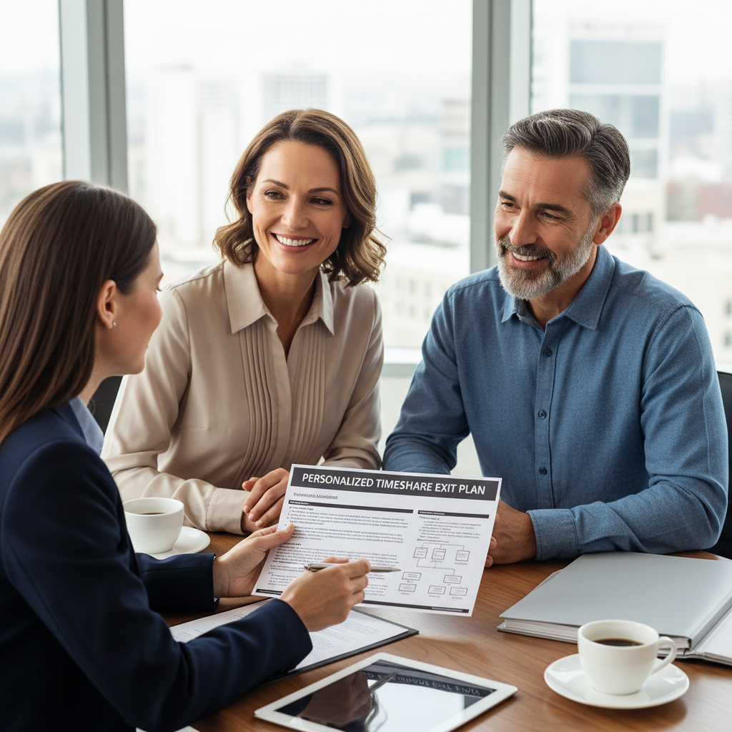 Confident couple meeting with a professional advisor reviewing a personalized timeshare exit plan with clarity and peace of mind